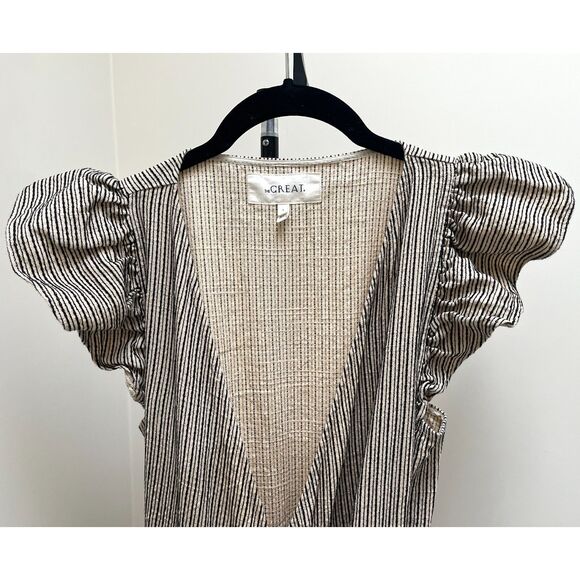 The GREAT. Spree Frontier Stripe DRESS Prairie Cottagecore Flutter Wrap Maxi - Picture 2 of 5